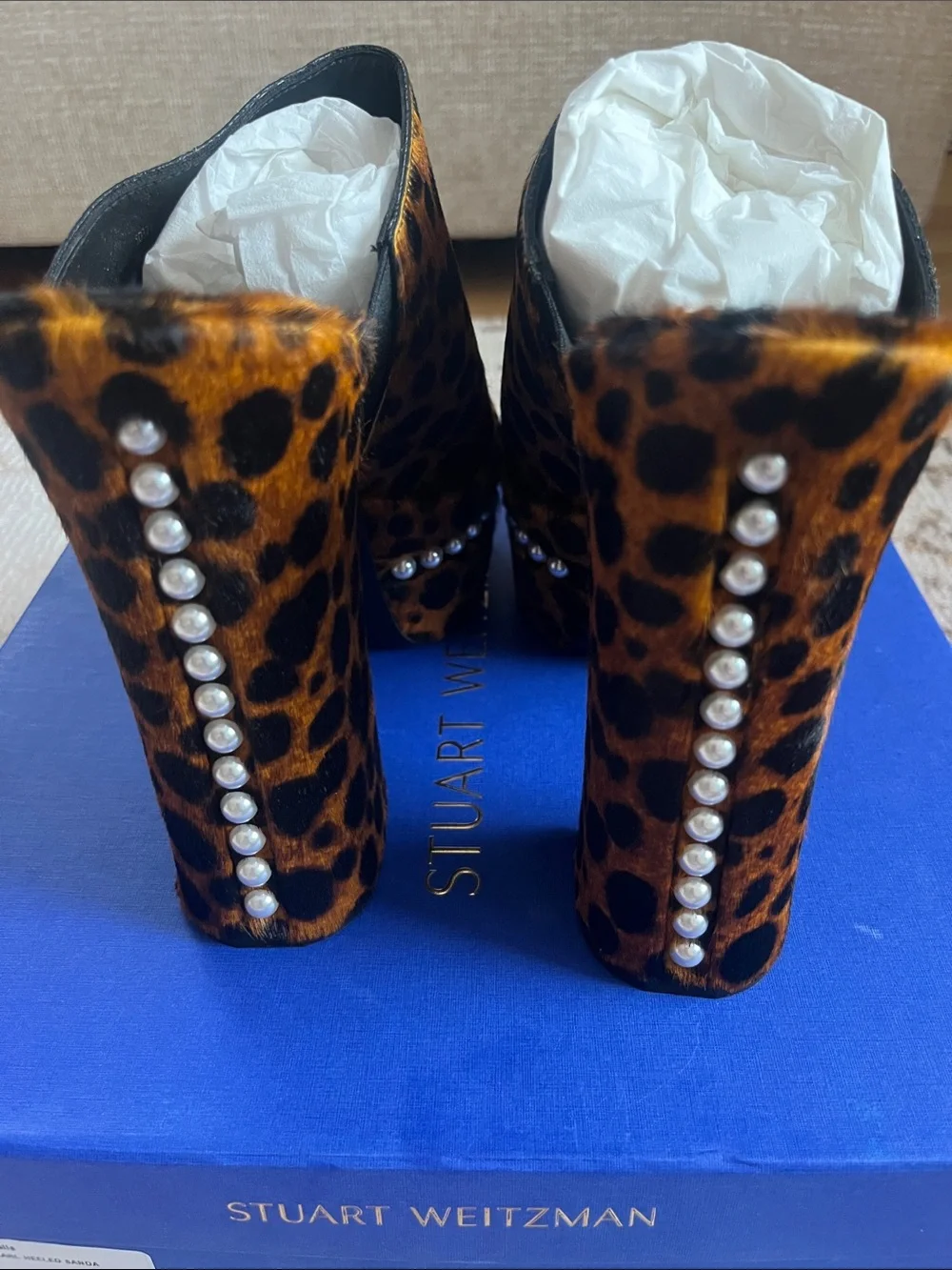 Stuart Weitzman NEW W BOX sky high faux pearl leopard platform sandals sz 8